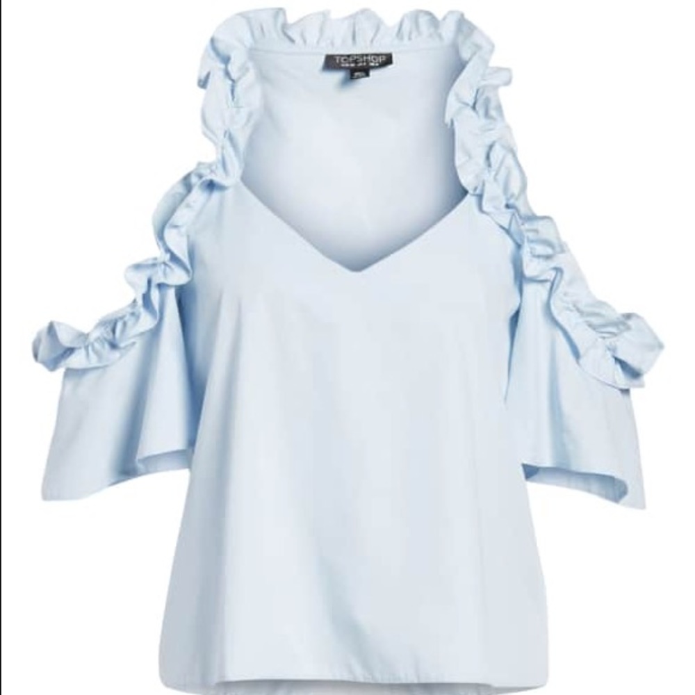Light Blue Cold Shoulder Ruffle Top - Picture 3 of 8